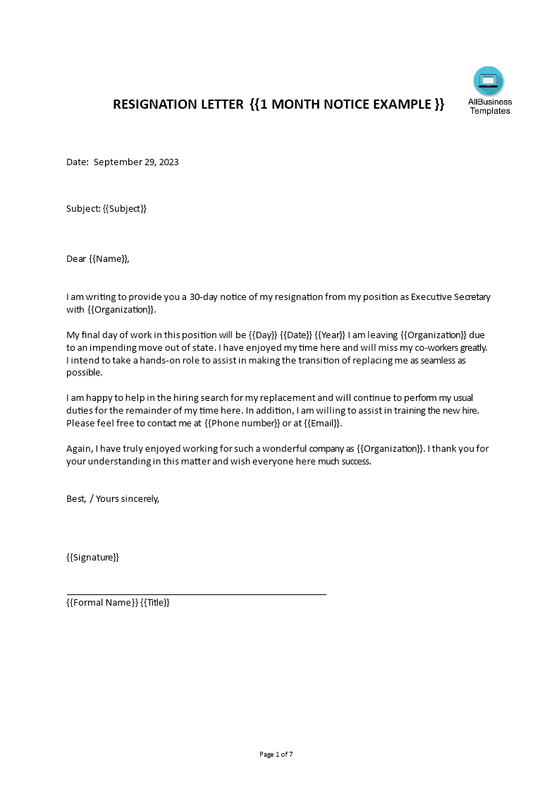 Resignation Letter 1 Month Notice Templates at allbusinesstemplates com