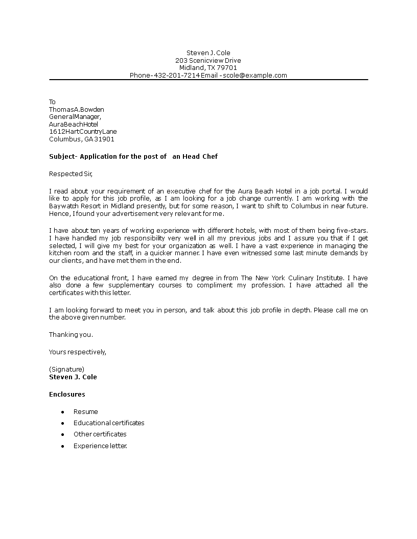 sample cover letter for head chef job