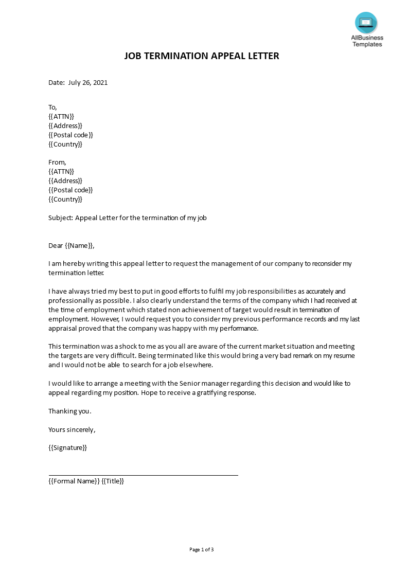 Job Termination Appeal Letter Templates at