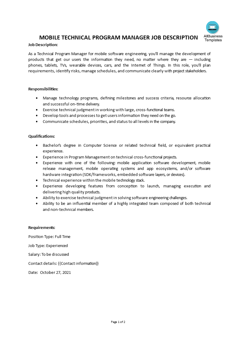  Mobile Technical Program Manager Job Description 