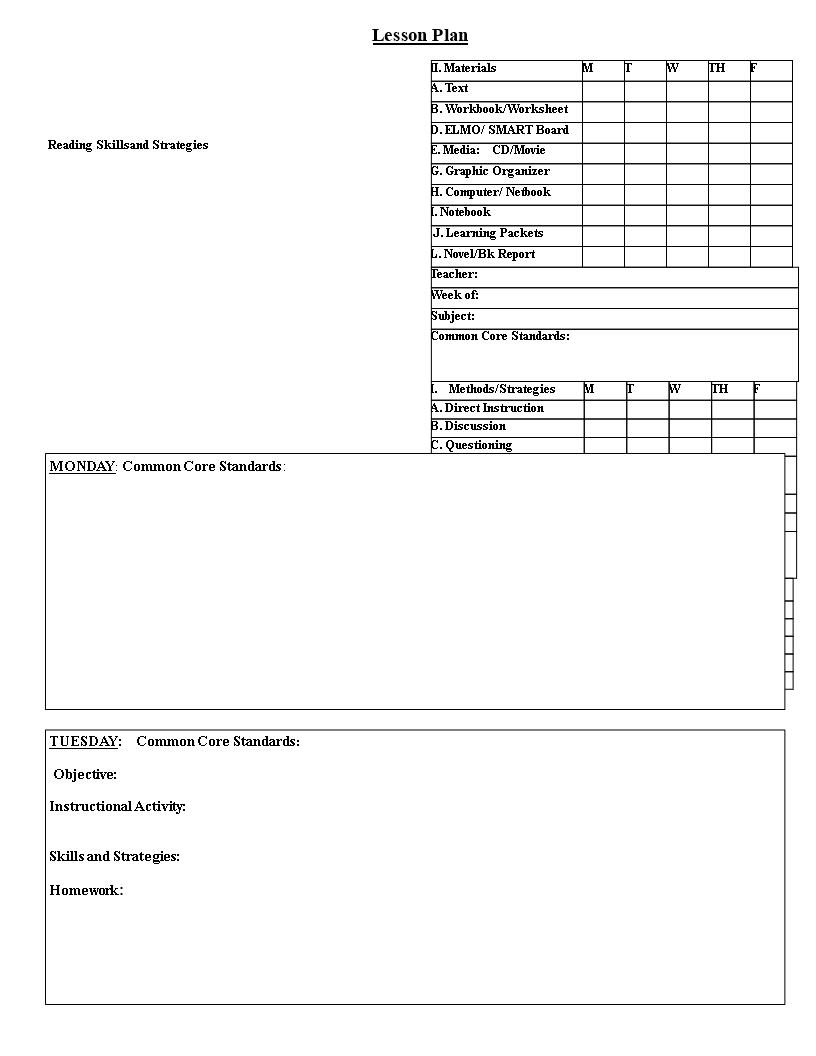  Common Core Weekly Lesson Plan Allbusinesstemplates