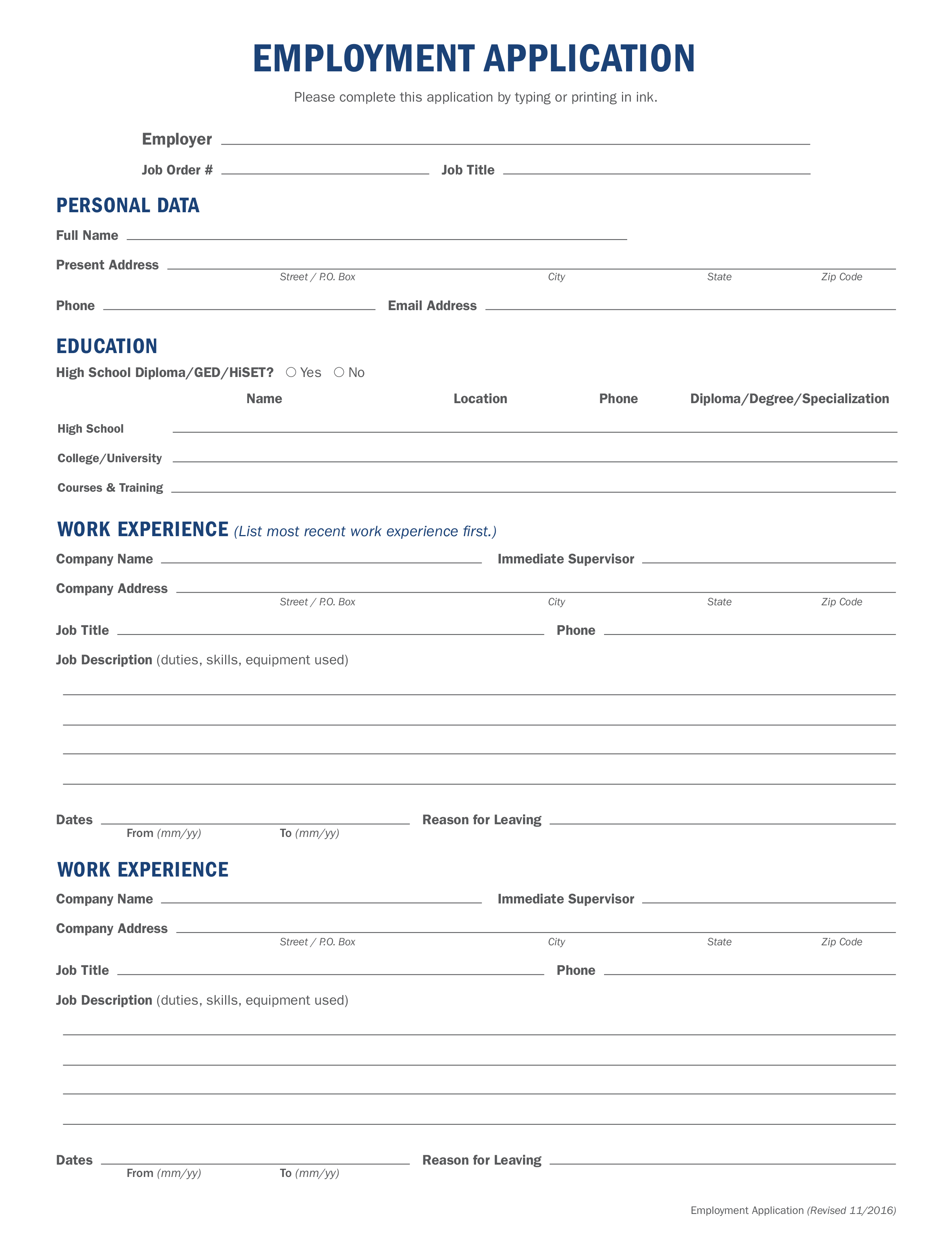 Free Printable Work Application Form Printable Forms Free Online