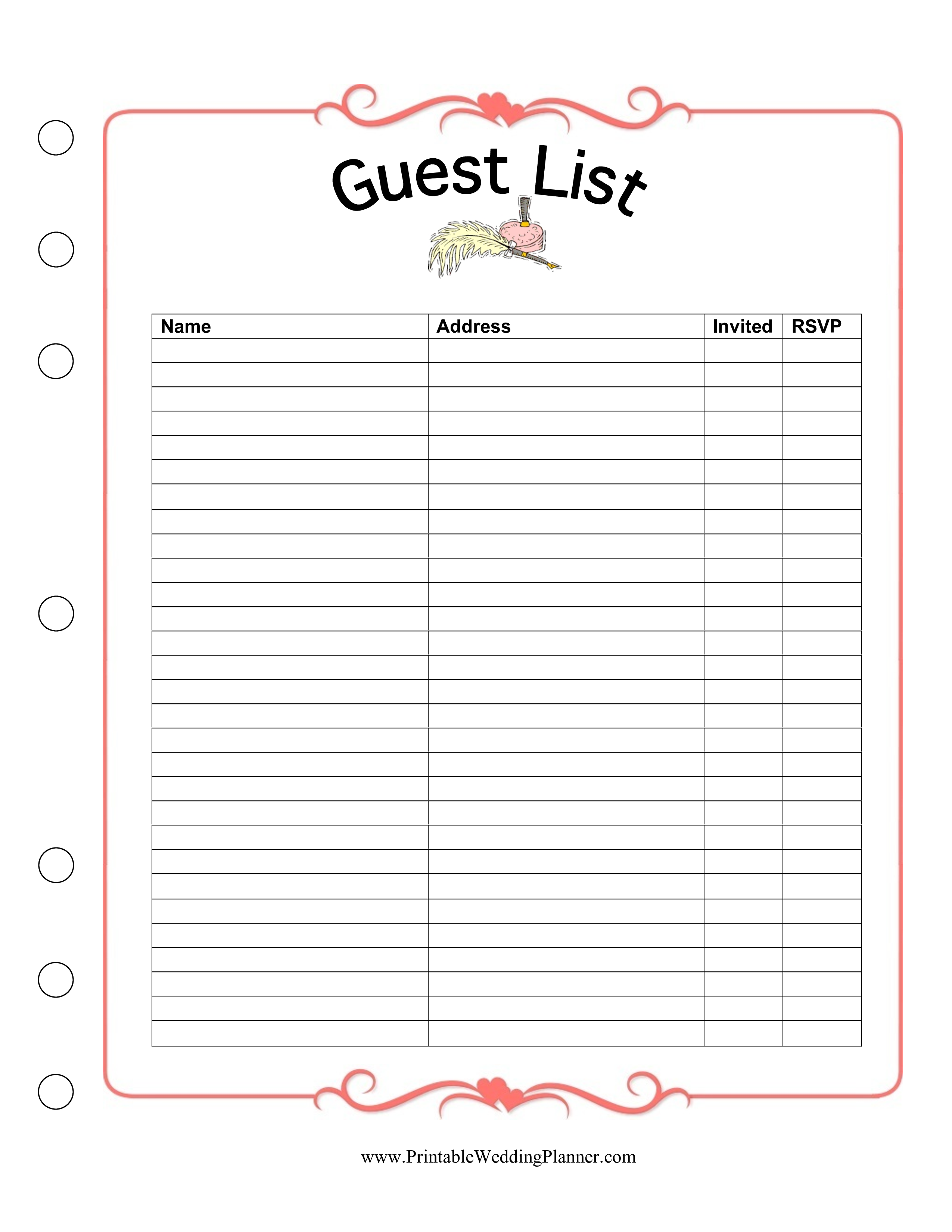 Wedding Guest List Template Printable Printable Templates