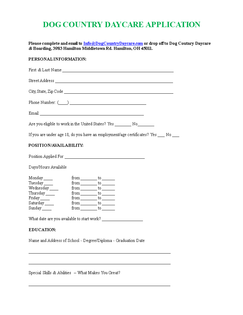 Printable Daycare Job Application Templates At Allbusinesstemplates