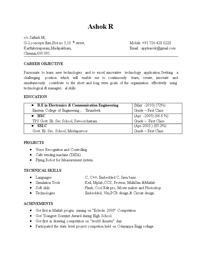 Electronics Engineering Fresher Resume Format | Templates at ...