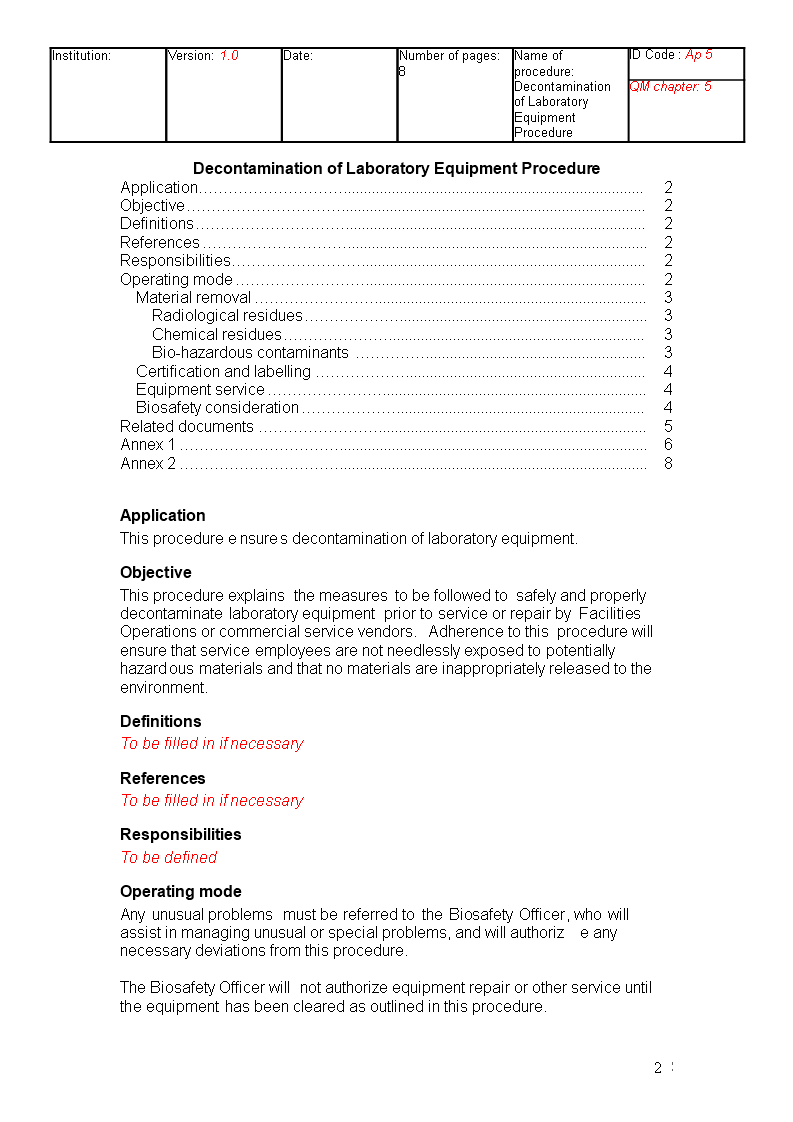 Decontamination Laboratory Equipment SOP | Templates at ...