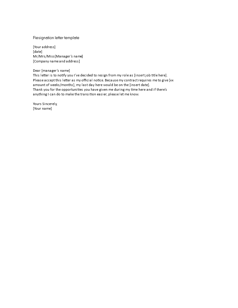 short resignation letter format template