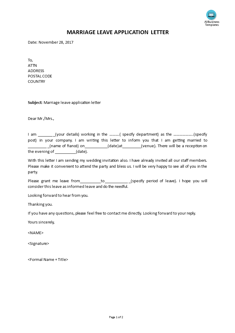 marriage leave application letter template