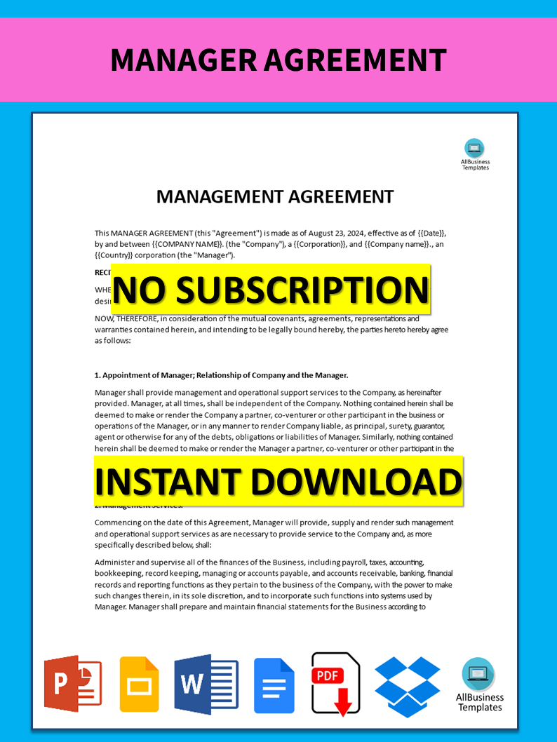 manager agreement template