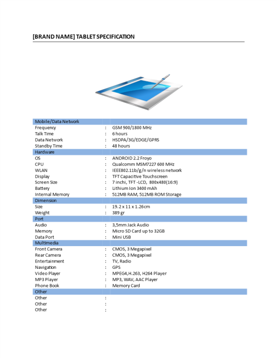 Tablet Specification gratis en premium templates