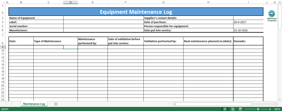 template topic preview image Equipment Maintenance Log template