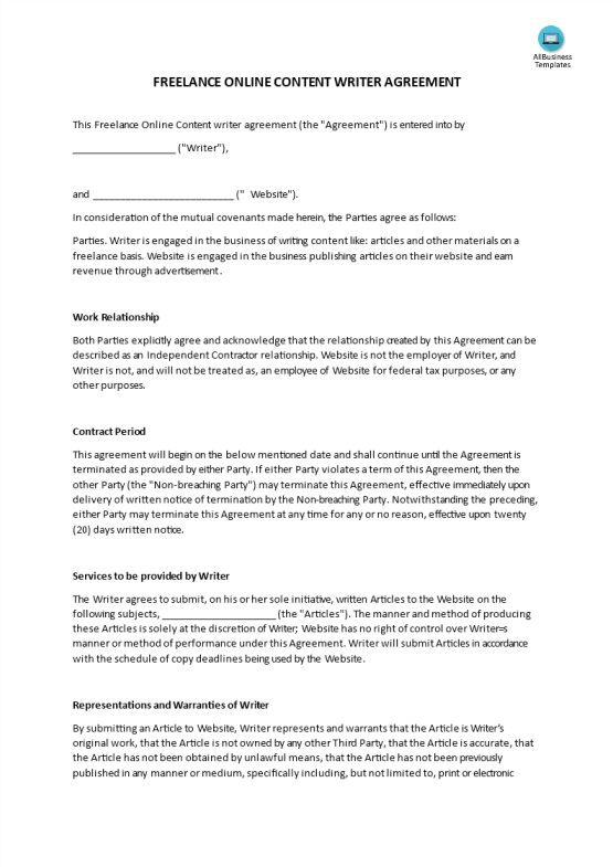 Vorschaubild der VorlageFreelance Online Content Writer Agreement template