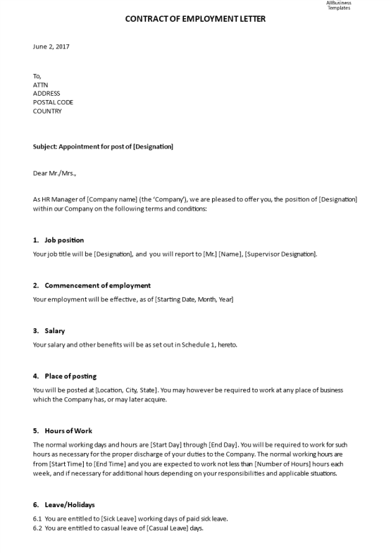 template topic preview image Contract of Employment Appointment Letter