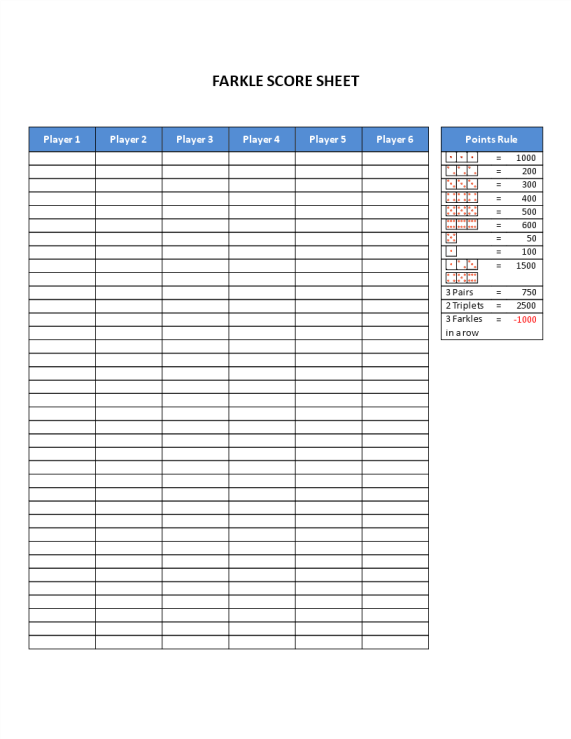 Farkle Scoresheet template gratis en premium templates