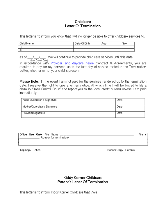 Daycare Termination Letter for Non Payment gratis en premium templates