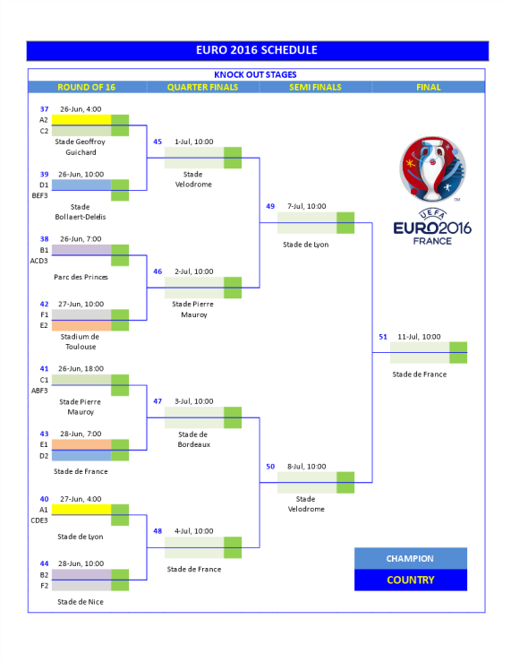 Schedule Knock Out Tournament EURO 2016 example gratis en premium templates