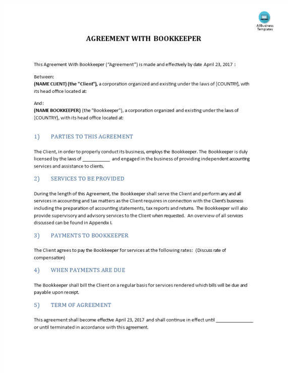 Example bookkeeper service agreement Business templates contracts
