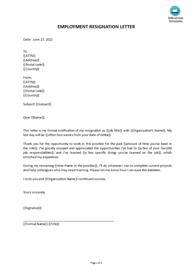 Gratis Employment Resignation Letter