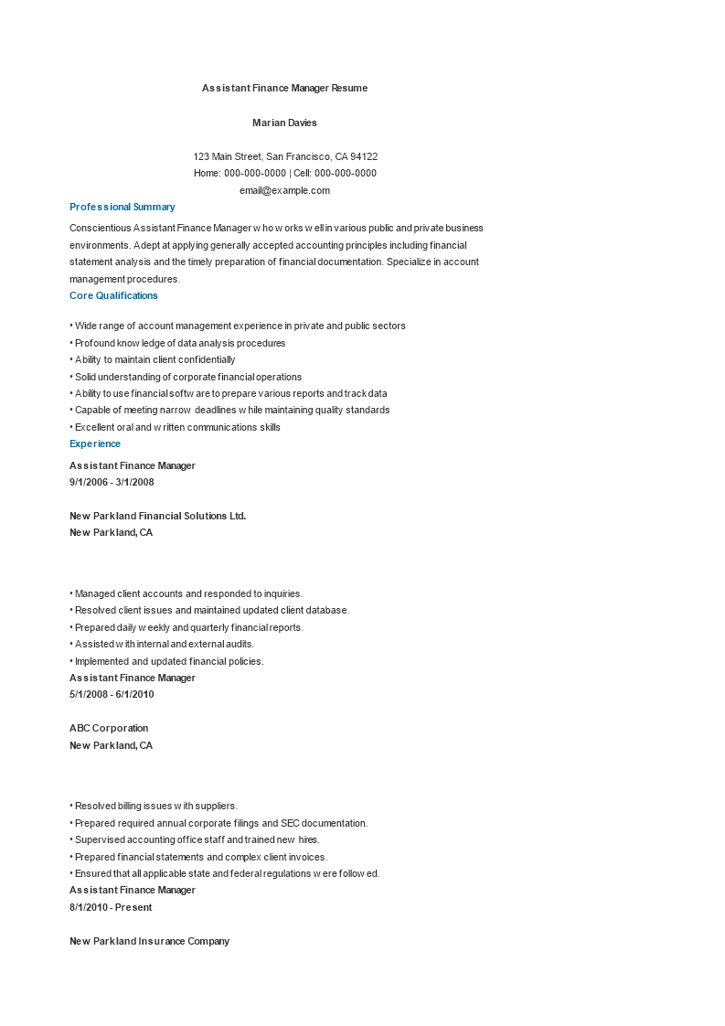 Assistant Finance Manager Resume Sample Templates At 