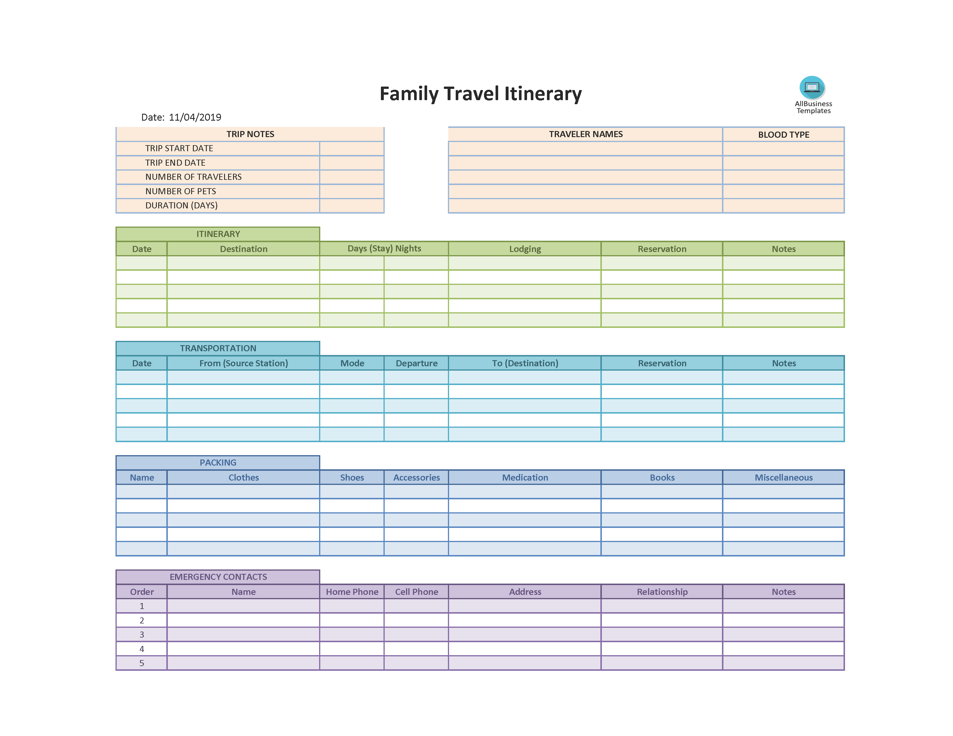 Family Travel Itinerary In Excel 