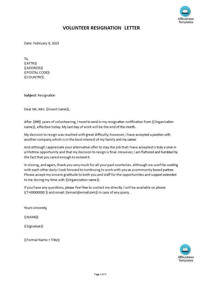 Resignation Letter From Volunteer Board