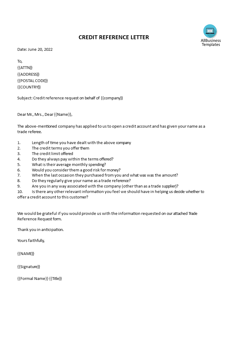 Request For Credit Reference Letter Templates at allbusinesstemplates com