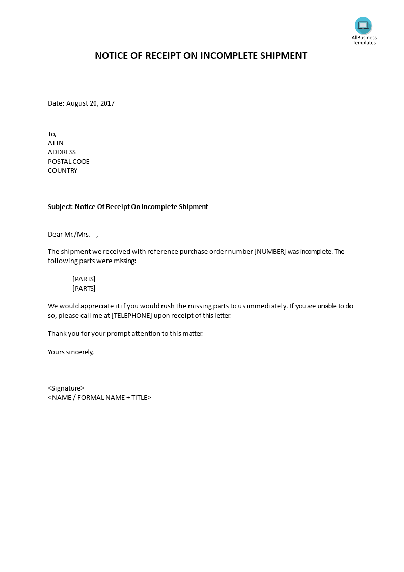 notice of receipt of incomplete shipment voorbeeld afbeelding 