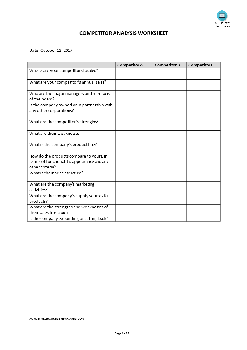 Market Analysis Worksheet Petitor Analysis