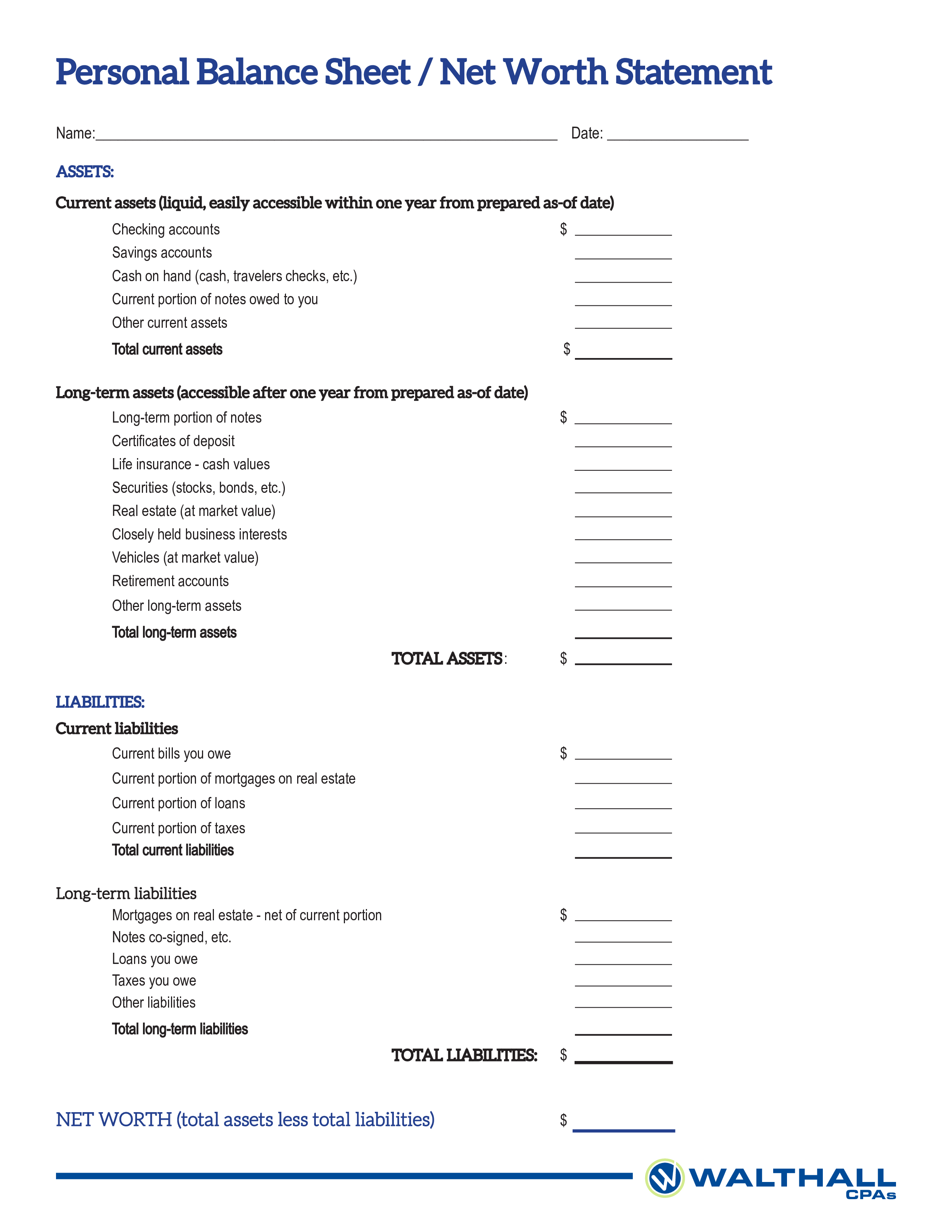 Personal Net Worth Statement Template