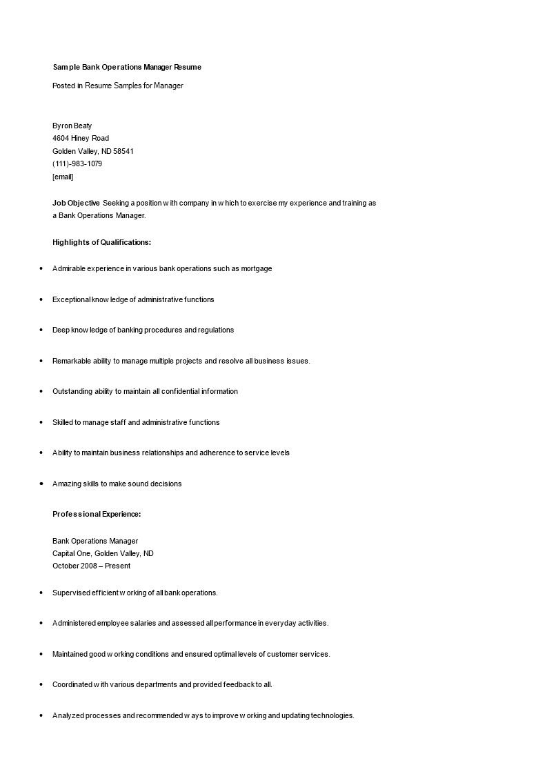 bank operations manager resume template