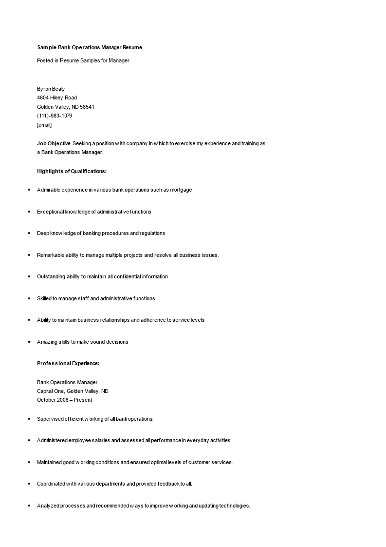 Bank Operations Manager Resume Templates At Allbusinesstemplates