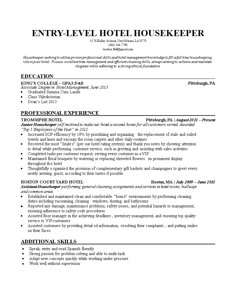 resume for job in hotel