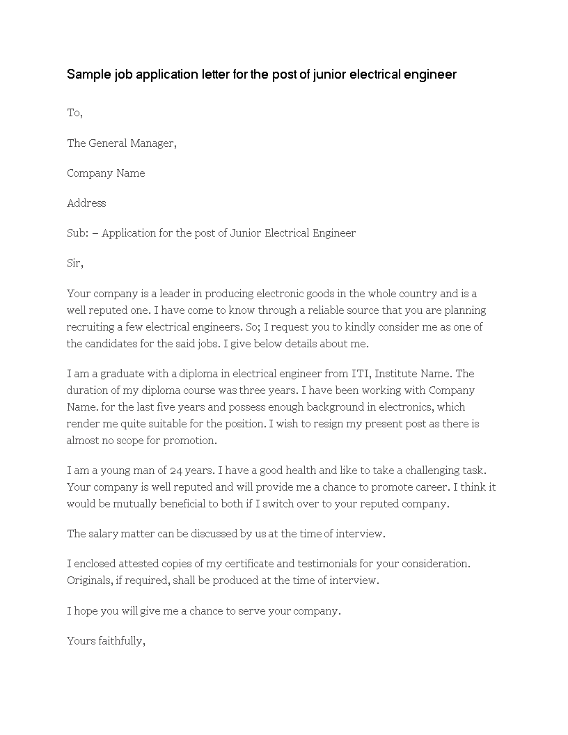 sample application letter for electrician job
