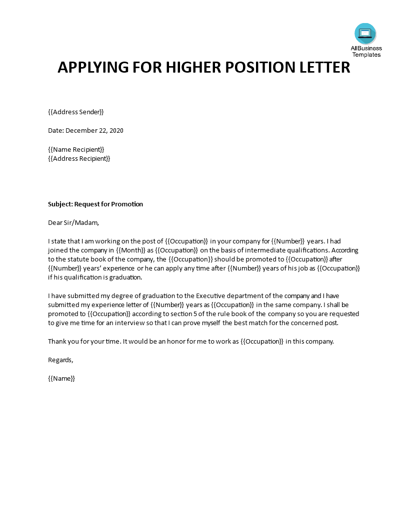 sample application letter for higher position