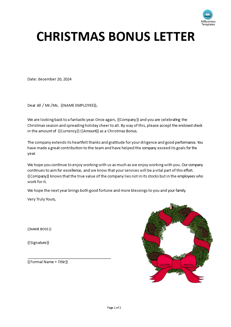 christmas bonus letter plantilla imagen principal