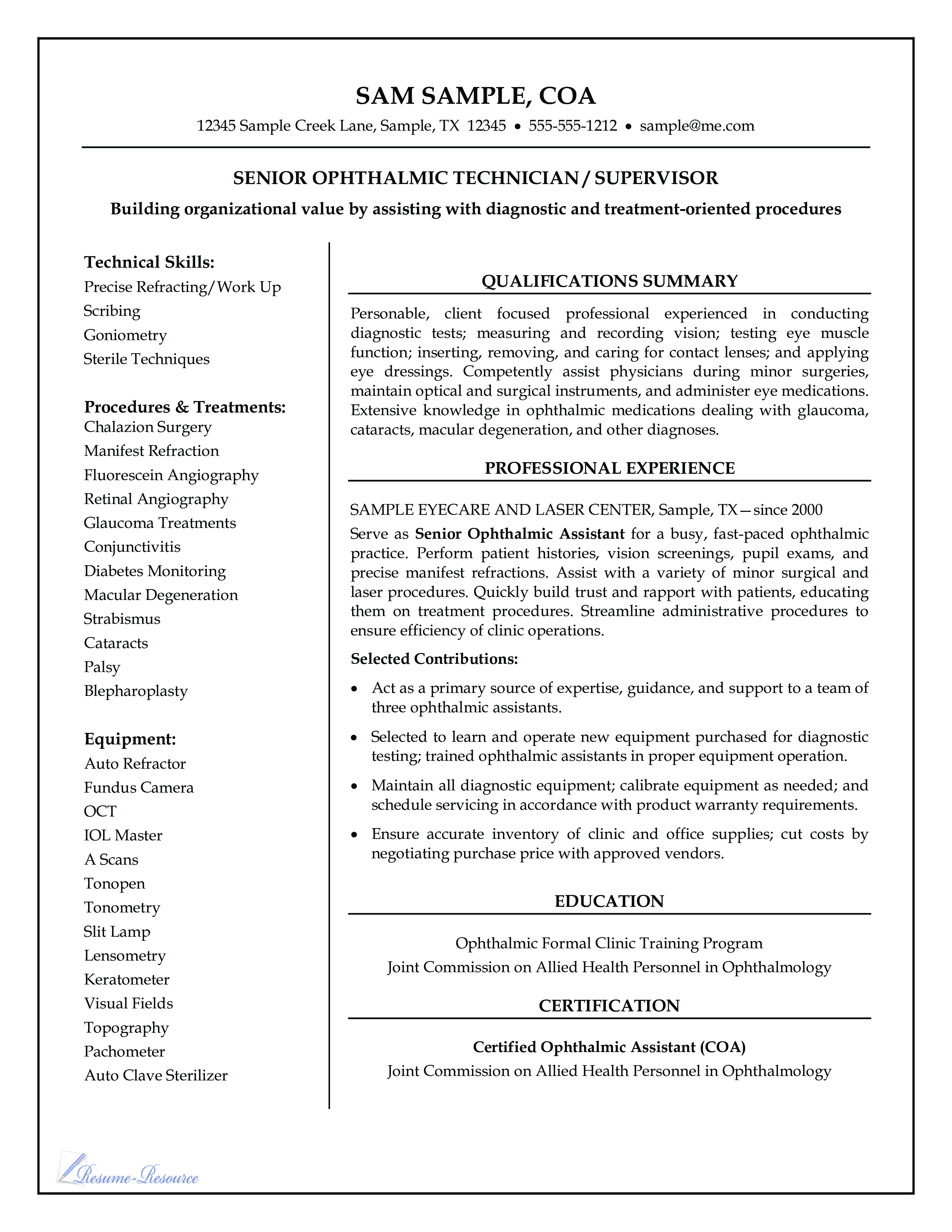 Kostenloses SENIOR OPHTHALMIC TECHNICIAN SUPERVISOR RESUME