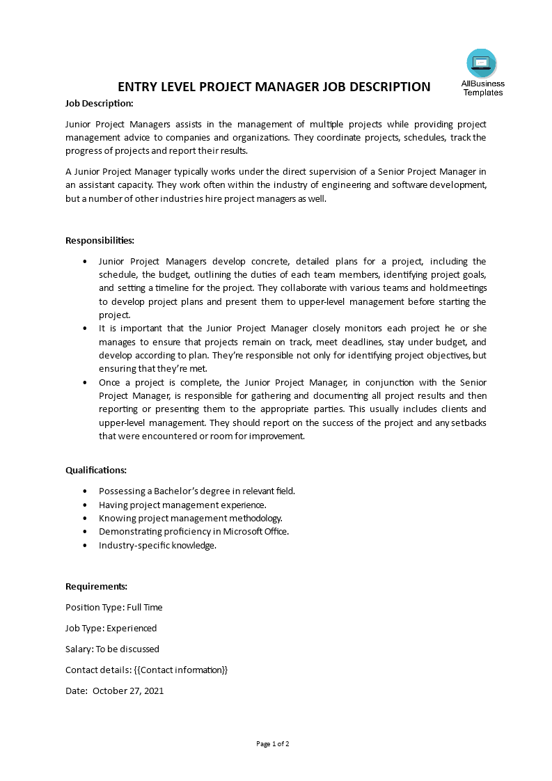 Gratis Entry Level Project Manager Job Description