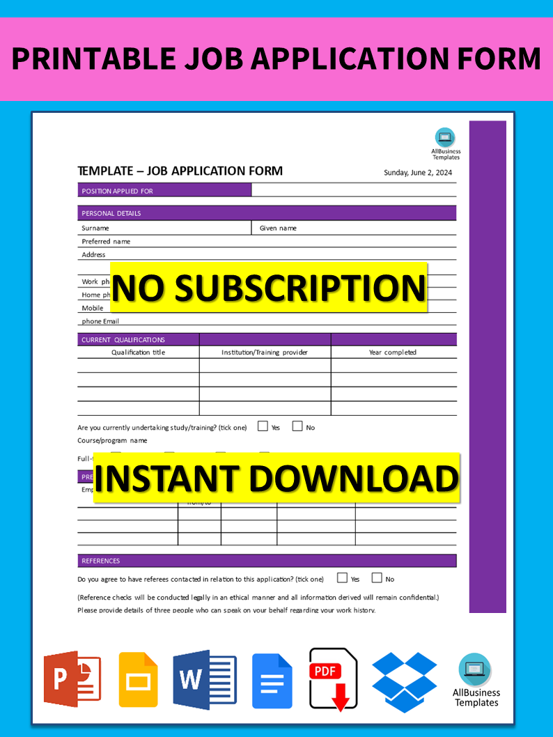 Printable Job Application Form 模板