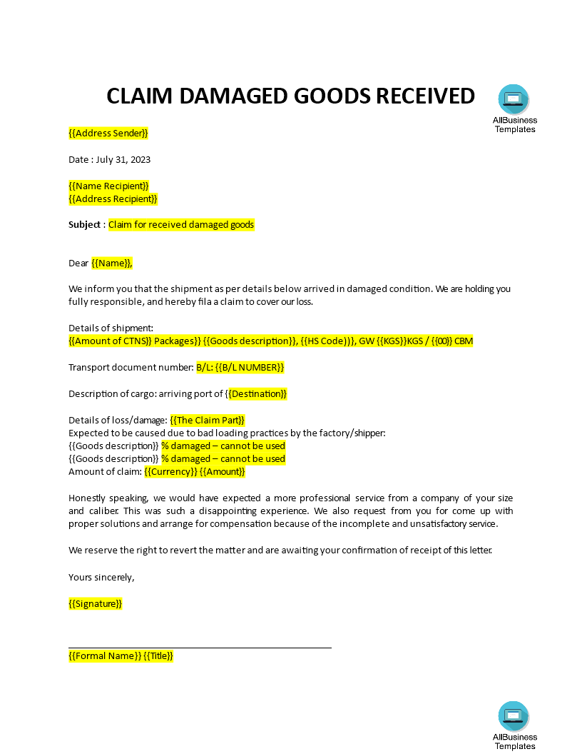 Claim letter for damaged goods | Templates at allbusinesstemplates.com