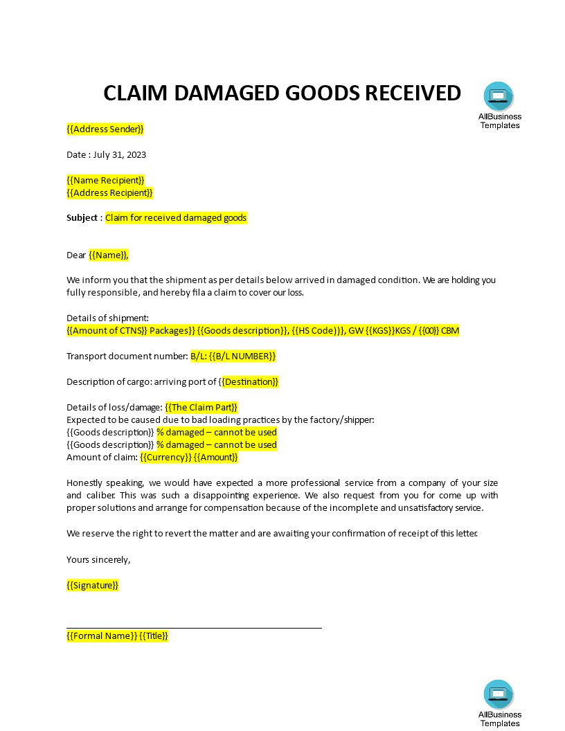  Claim Letter For Damaged Goods Allbusinesstemplates