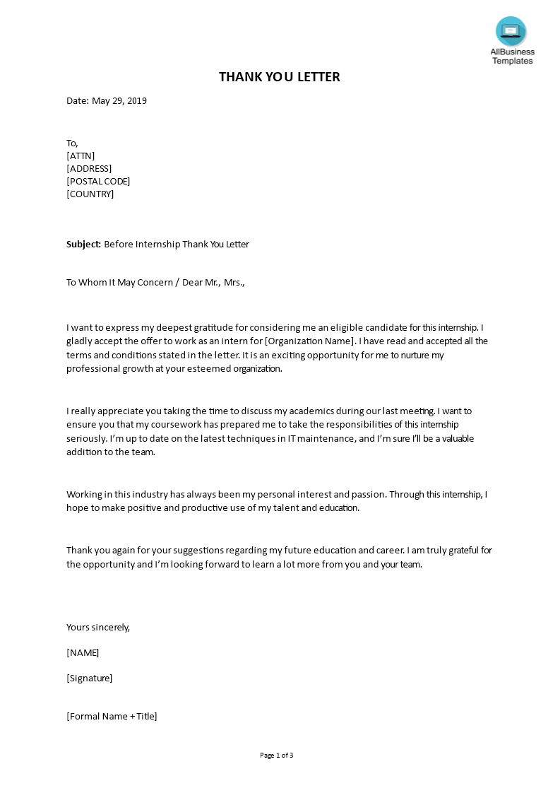 Sample Before Internship Thank You Letter | Templates at ...