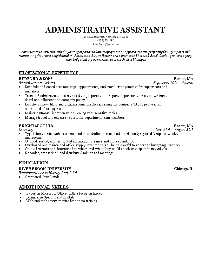 administrative assistant resume template free