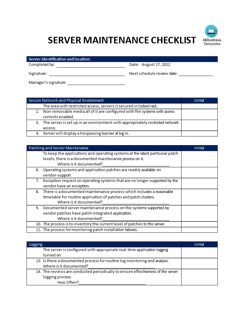 Server Checklist Template