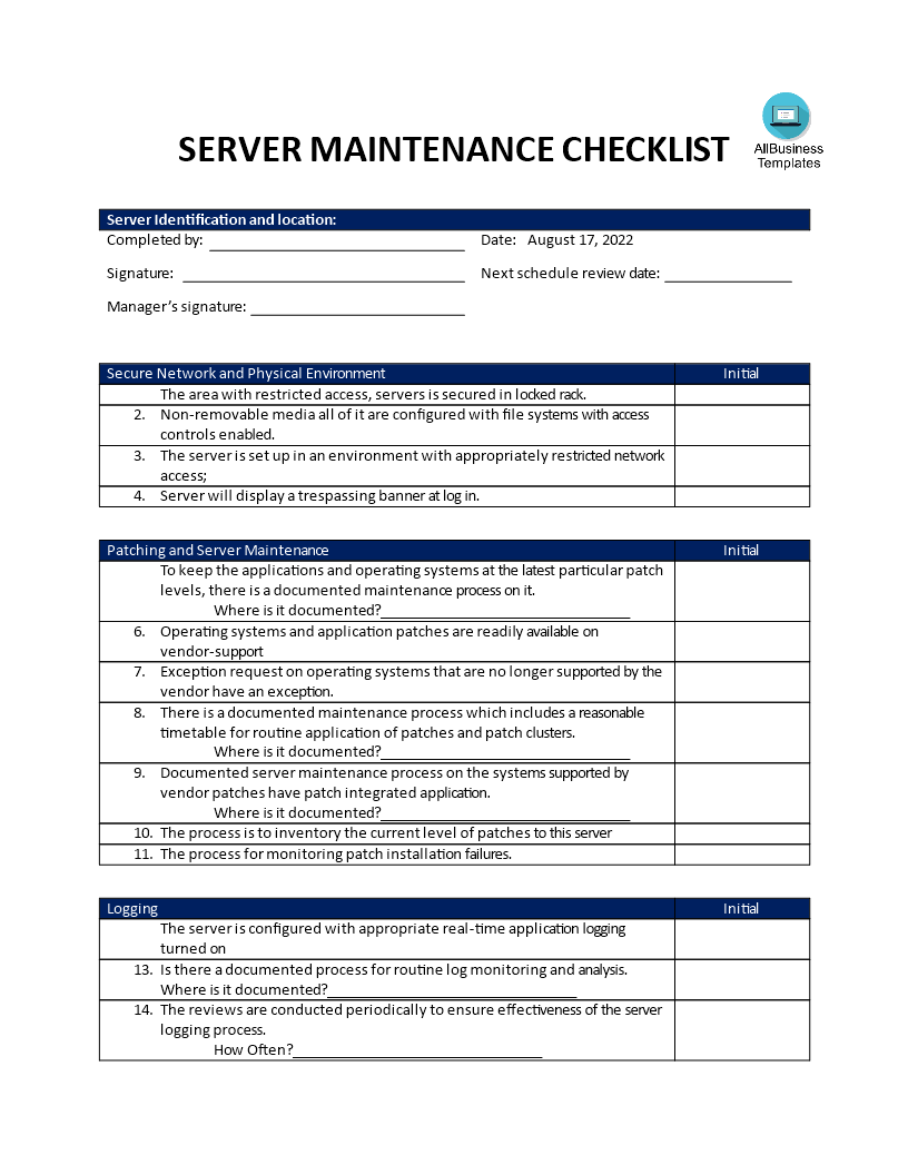 Server Maintenance Security Checklist Mod le Professionnel