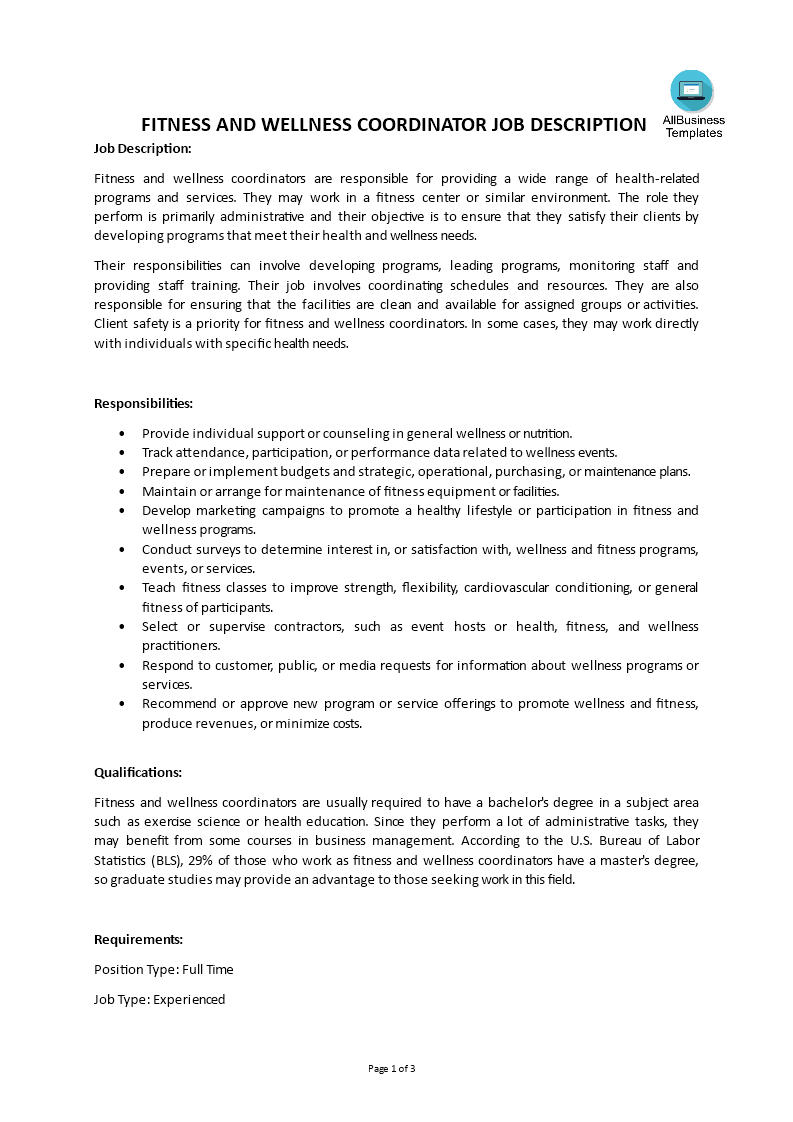 Kostenloses Fitness And Wellness Coordinator Job Description