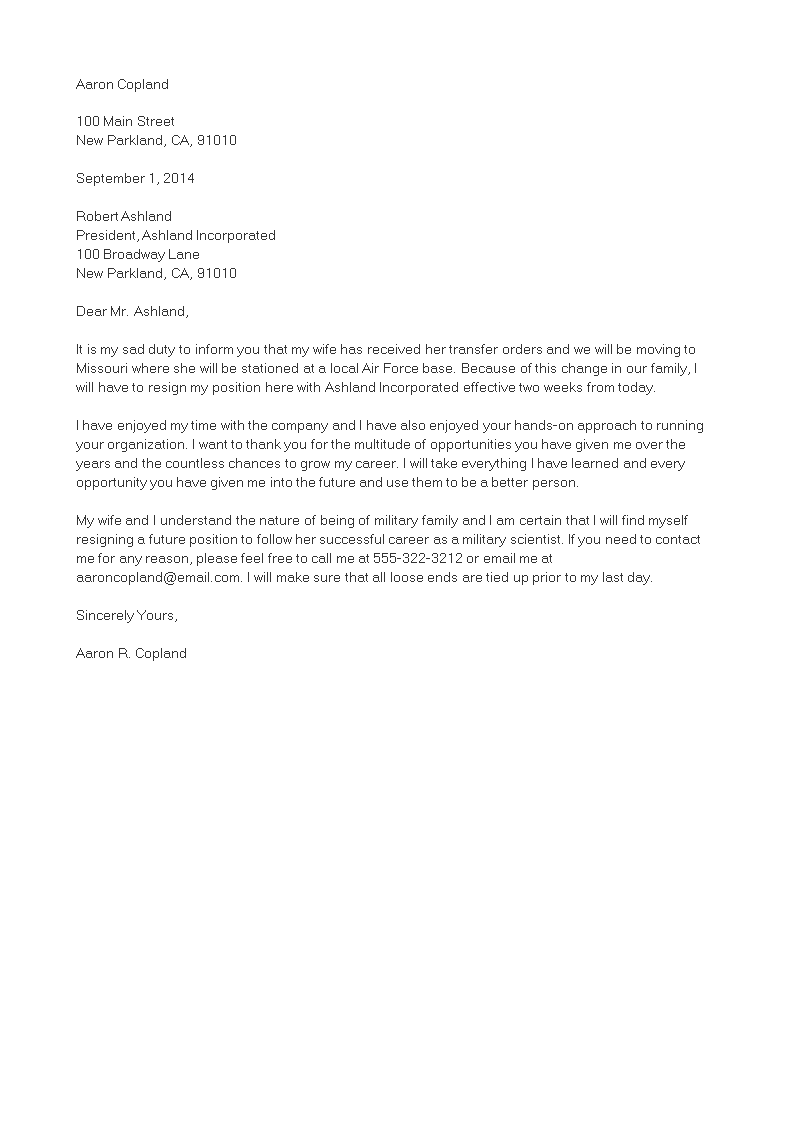 Immediate Resignation Letter Due To Relocation Templates At 