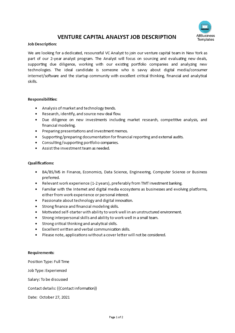 Gratis Venture Capital Analyst Job Description