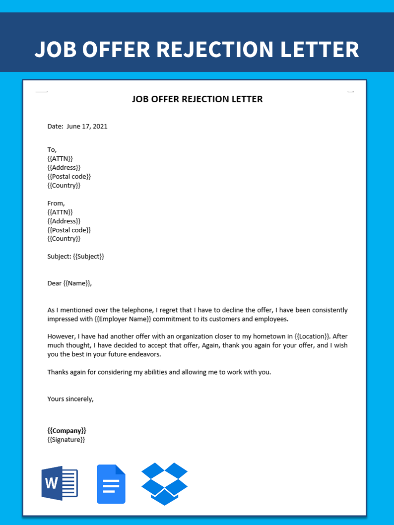 Email Job Offer Rejection Letter 