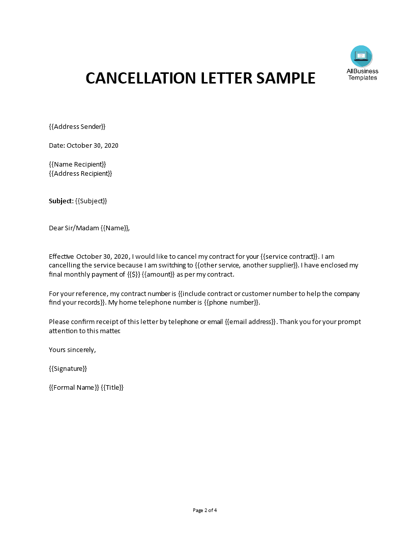 Service Contract Termination Letter Sample Doc 