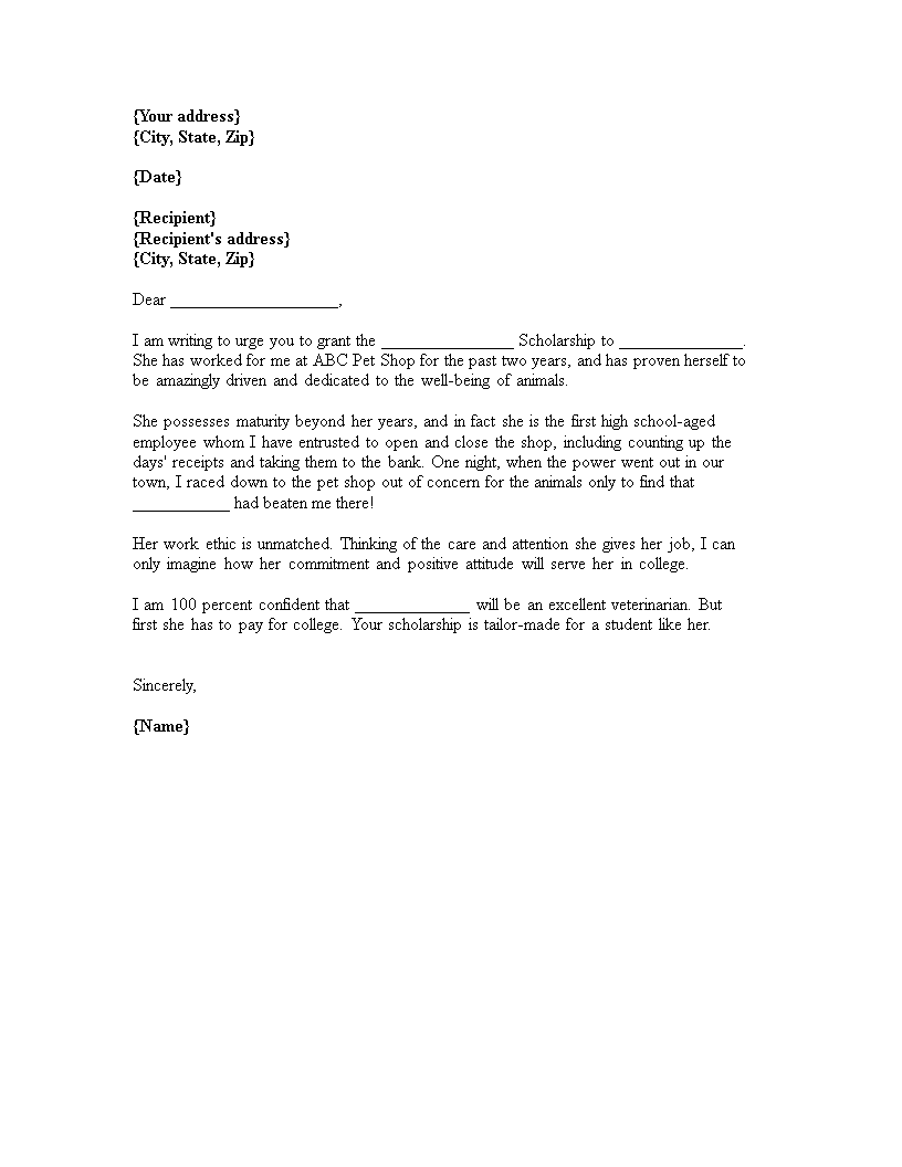 Recommendation Letter Scholarship From Employer | Templates at ...
